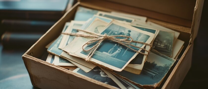 A box contains vintage photos bound by twine, evoking nostalgia and memories of bygone moments.