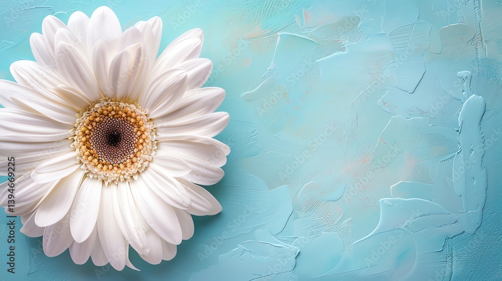 Poster white daisy on a blue background. the daisy is in the lower left corner of the image and is facing t