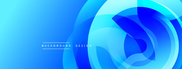 Abstract blue background features overlapping circular layers. Gradient shades create dynamic visual effect. Modern design suitable for digital projects, presentations.