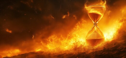 Hourglass in Flames Symbolizing Time and Urgency Amidst Fiery Background