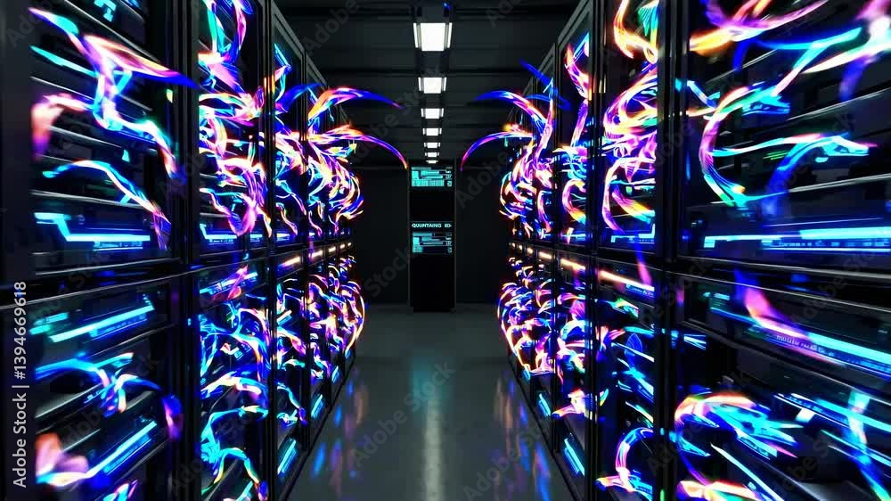 Poster exploring a high-tech data center with vibrant energy flows in a modern digital environment