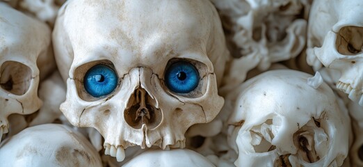 Naklejka premium Realistic human skulls with striking blue eyes among a collection of white skulls