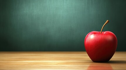 Red apple on a wooden table against a teal chalkboard