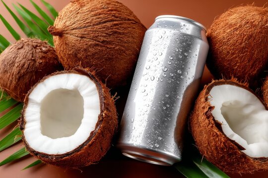 Soda enlatada blancas junto a cocos frescos en un entorno natural