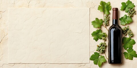 vintage wine postcard, a vintage postcard featuring a hand-drawn wine bottle and grapevine illustration with a textured paper effect and space for a message