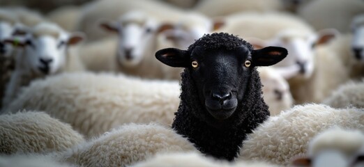 Black sheep standing out among white sheep in a flock on a farm