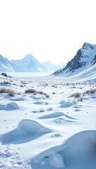 Arctic landscape with snow-covered tundra and distant mountains isolated on white background, frozen, tundra, arctic