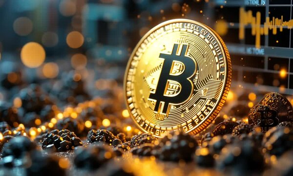 Golden bitcoin standing on surface with glowing lights in dark defocused background
Concept of cryptocurrency and financial technology