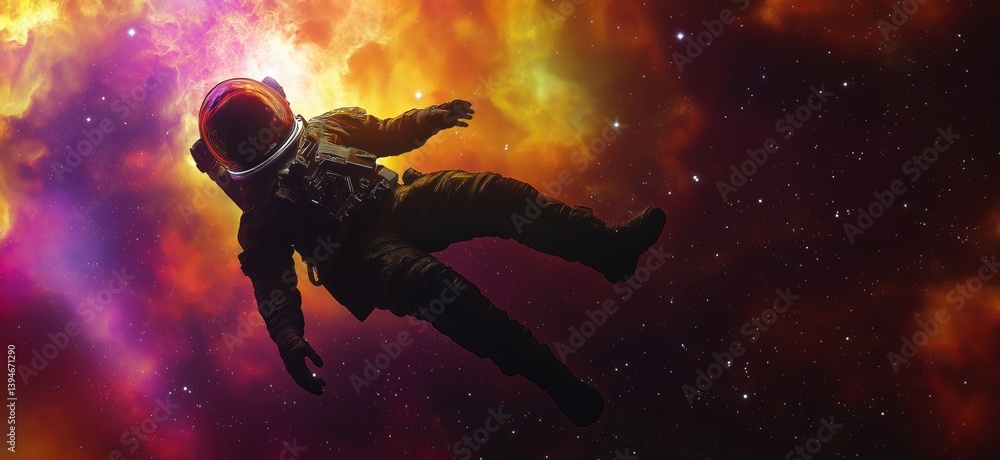Poster astronaut floating in colorful cosmic nebula with vibrant space background