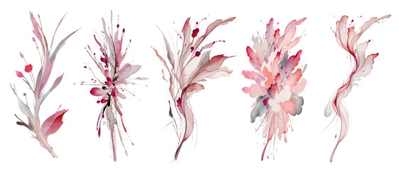Set of vector watercolor splash floral compositions isolated on white background. Expressive bouquets with flowers, branches and leaves for wedding design, invitations, cards