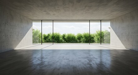 Modern Minimalist Concrete Room Interior with a Panoramic View of Lush Greenery