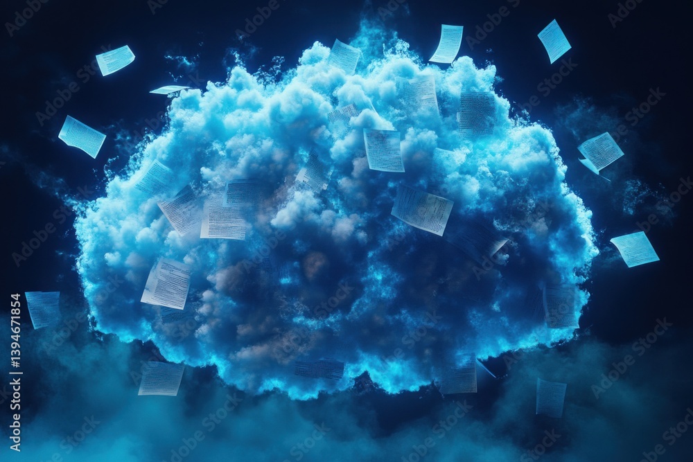 Poster light blue clouds form a digital brain surrounded by floating papers, signifying the connection betw