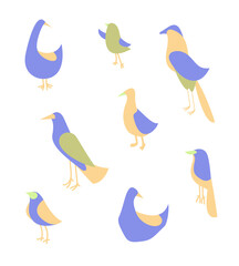 Set abstract geometric birds in modern fashion minimal art style on a white background. Duck, sparrow. Cartoon bright concept design. Decorative bauhaus composition. Creative vector flat illustration.