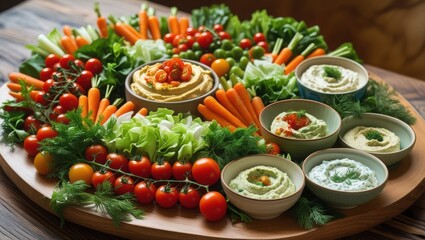 A vibrant platter of fresh veggies, creamy dips, and herbs.