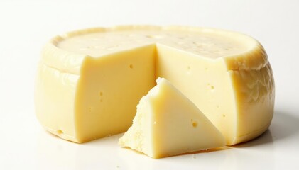 Artisan wheel of creamy white cheese, isolated , round, edam