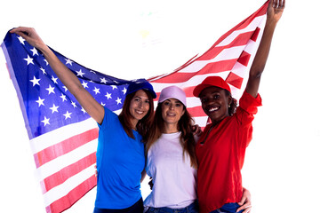 Concept of patriotism, independence day. Supporters holding american flag celebrating 4th of july...