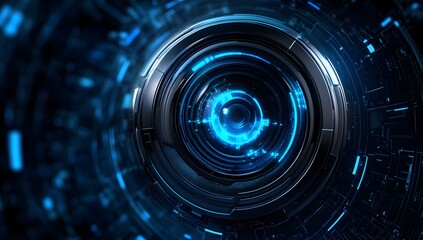 Abstract digital tunnel with glowing blue light and geometric shapes.