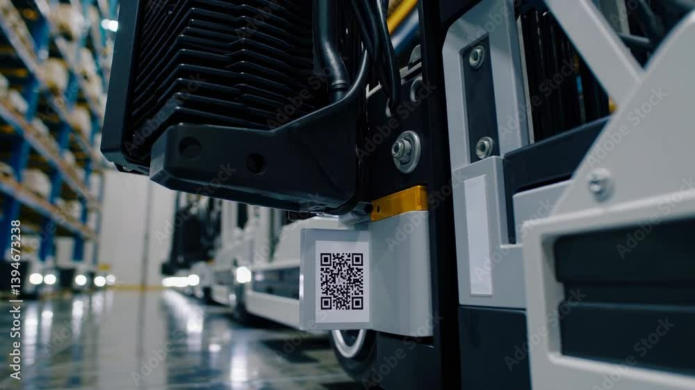 Poster automated forklifts navigate through a busy warehouse during daylight operations