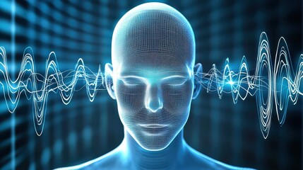 Hyperrealistic digital artwork of a human brainwave visualization virtual environment abstract concept futuristic viewpoint