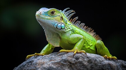 Fototapeta premium A striking green iguana rests on a rock, showcasing its colorful scales and distinctive features against a dark background, emphasizing its beauty