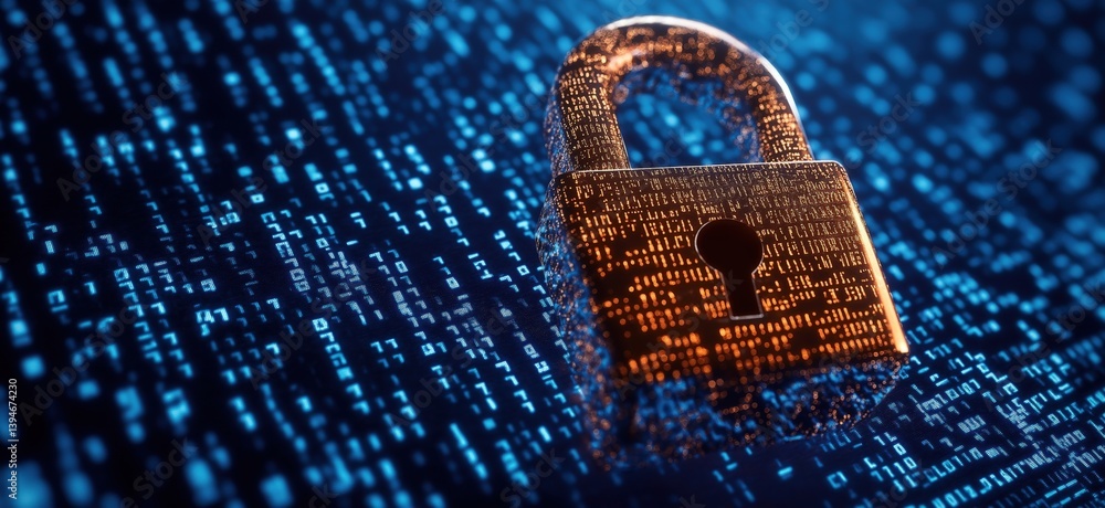 Poster digital padlock symbolizing cybersecurity and data protection in a binary code environment