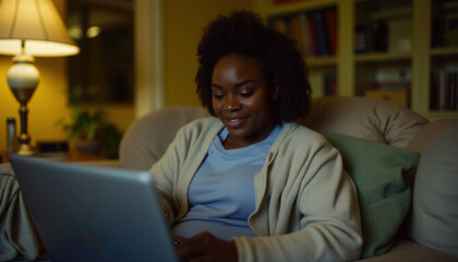 adult african american woman using laptop at home sitting on sofa, freelance business concept