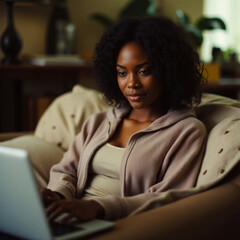 African American woman using laptop at home while sitting on sofa