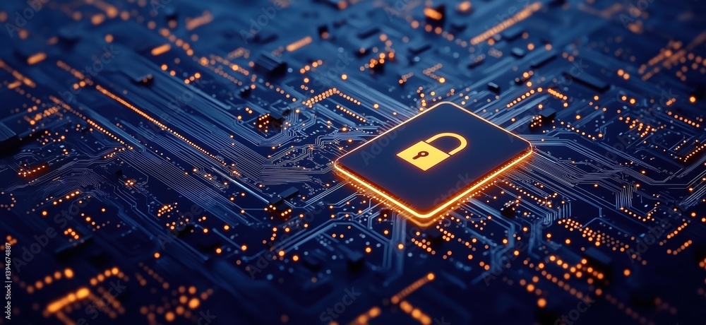 Poster digital security concept with padlock symbol on circuit board background