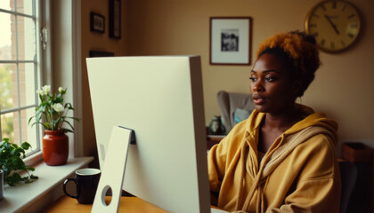 Fototapeta premium young african american businesswoman working on computer at home, remote work concept