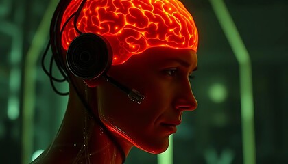 Humanoid Interface: Glowing Brain Depicting Technological Integration and Cognition