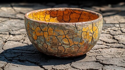 Naklejka premium Decorative cracked bowl on dry earth