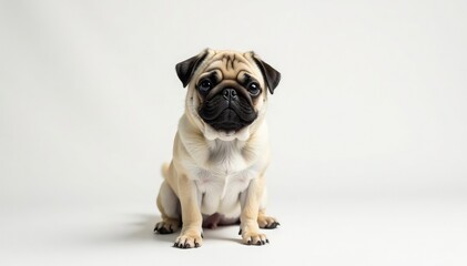 A single, charming pug against a stark white backdrop, photo, one