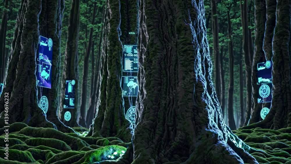 Poster Virtual forest display with glowing trees and holographic information in an immersive digital environment