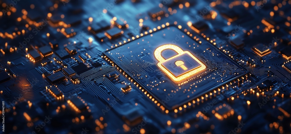 Aufkleber digital security concept with glowing lock symbol on circuit board background