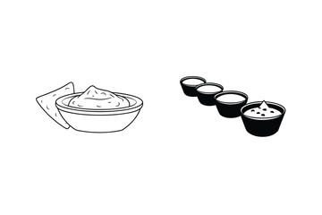 Outline Illustration Of Appetizers Featuring Nacho Chips And Multiple Dipping Sauces