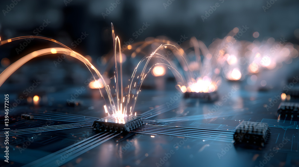 Poster close-up view of computer circuit board with sparks and lights emphasizing technology and innovation