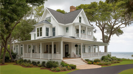 Coastal farmhouse with shiplap walls, nautical decor, and a wraparound porch facing the sea 