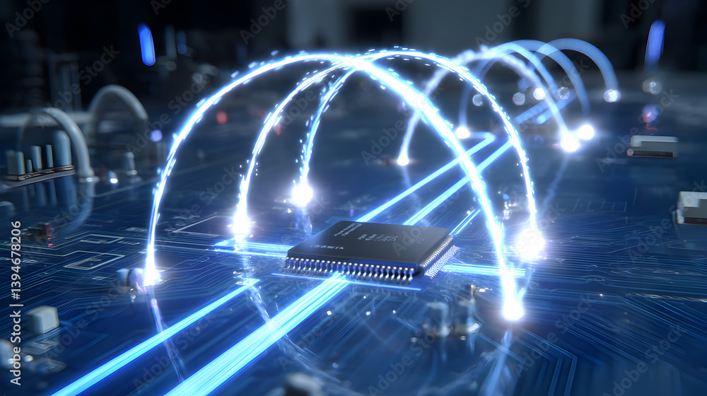 Poster futuristic technology circuit board with chip and light sparks illustrating connection and data tran
