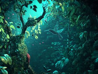 A rainforest where trees have circuit-board bark, robotic hummingbirds