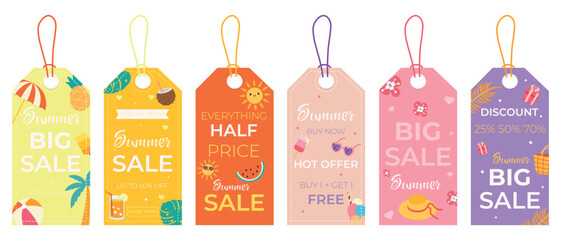Big vector summer sale label set. Summer seasonal discount, big sale, special, hot offer, half price tag and shop now. Summer sale up to 50%, 40%, 25%, 70% off shopping tag. Sale banner template