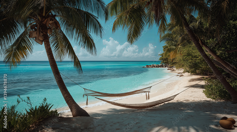 Poster coastal hammock between two palms on white sand, with gentle waves lapping nearby and a coconut on t