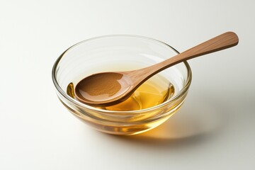 Clear glass bowl filled with a light golden liquid, with a light brown wooden spoon resting inside