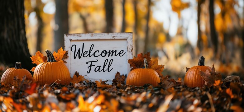 Welcome fall sign with pumpkins and autumn leaves in vibrant seasonal landscape