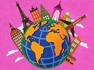 Naklejka premium A plane flying above the middle of the globe with famous places on the edge of the globe