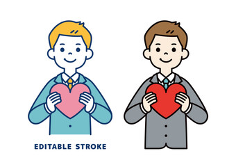 両手でハートを抱える、若いビジネスマンのベクターイラスト素材＿線の編集可能