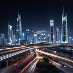 Fototapeta premium Smart city skyline at night with self-driving cars and integrated advanced technology — futuristic urban landscape in high detail