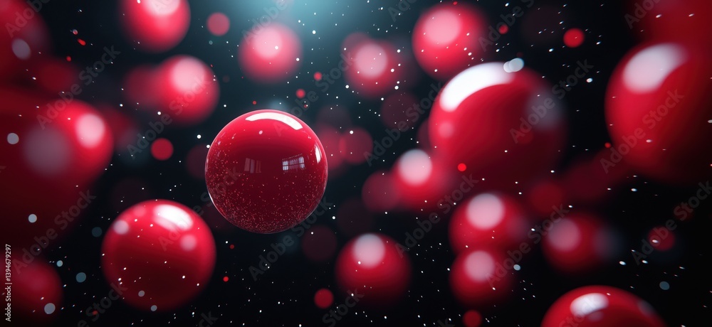 Poster red spheres floating in dark space with sparkling particles and light effects