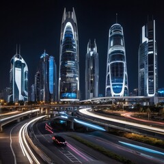 Fototapeta premium Smart city skyline at night with self-driving cars and integrated advanced technology — futuristic urban landscape in high detail