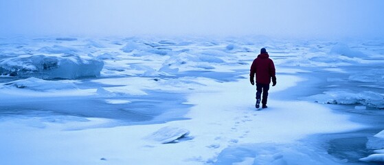 A solitary figure in red trudges across a vast icy expanse, embodying solitude and the perseverance of a lone adventurer.