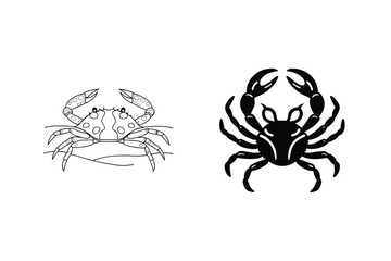 Two Crab Illustrations In Line Art And Silhouette Style On White Background